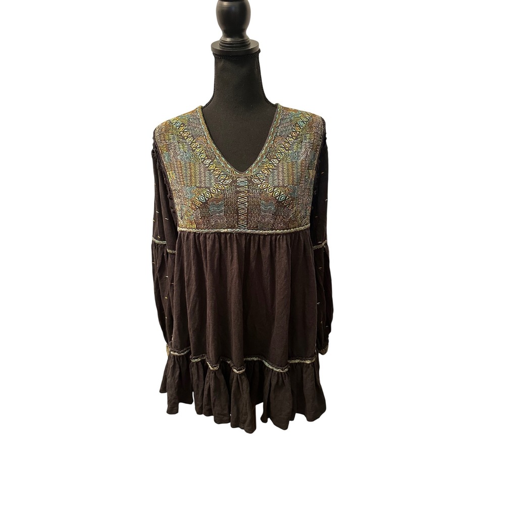 Free People Tunic Top Womens Excellent Boho Embroidered Open Back Tunic Hppie